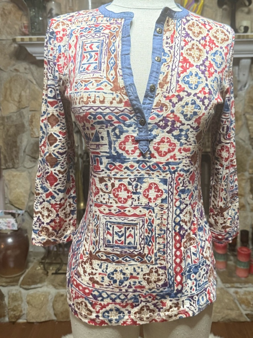 Ralph Lauren Multicolor Printed Henley Tunic — Red, Blue & Brown